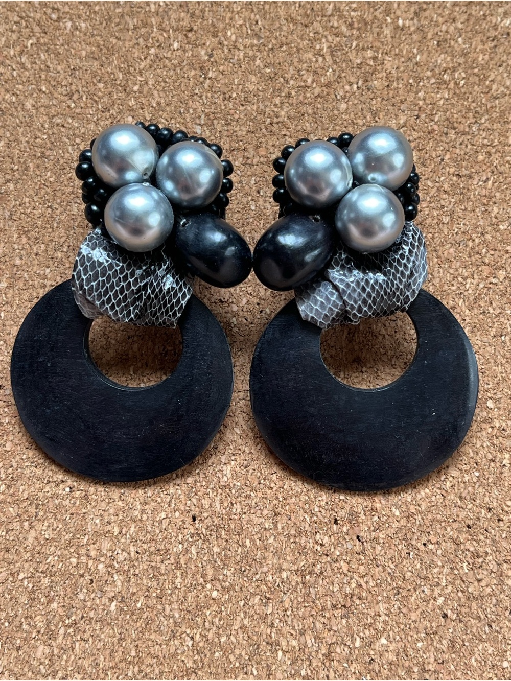 80s door knockers with snake skin and pearls Black & Silver Statement Earring